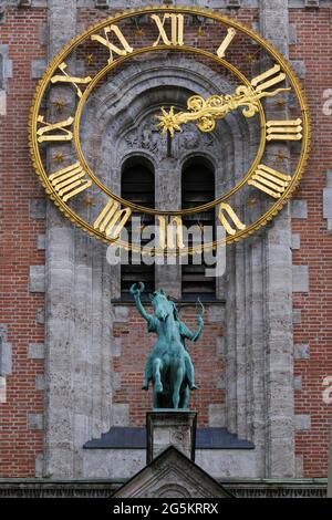 Tower clock, catholic parish church St. Anna in Lehel, built 1887-1892, neo-Romanesque, Munich, Upper Bavaria, Bavaria, Germany, Europe Stock Photo