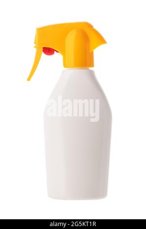 Sun protection lotion. White blank plastic spray bottle isolated on white background with clipping path Stock Photo