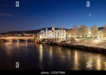 View of river Aare with wooden bridge in winter, night shot, Olten, Solothurn, Switzerland, Europe Stock Photo