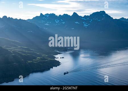 Fjord Raftsund and mountains, view from the top of Dronningsvarden or Stortinden, Vesterålen, Norway, Europe Stock Photo