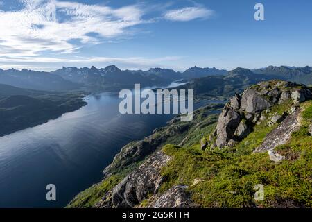 Fjord Raftsund and mountains, view from the top of Dronningsvarden or Stortinden, Vesterålen, Norway, Europe Stock Photo
