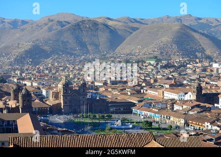 View over the roofs of the old town with Plaza de Armas and cathedral, Cusco, Peru, South America Stock Photo