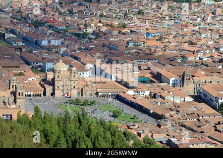 View of the old town with Plaza de Armas and cathedral, Cusco, Peru, South America Stock Photo