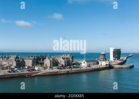 Estuary of the Dee into the North Sea, old houses, Footdee, Pocra Quay, harbour, harbour exit, Aberdeen, Scotland, Great Britain Stock Photo