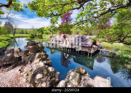 Pile dwellings in Bally Park, Schönenwerd, Canton Solothurn, Switzerland, Europe Stock Photo
