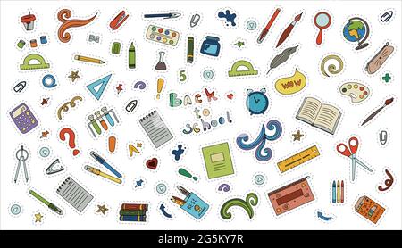 Back to school. Big vector doodle set. Stationery for school, university and office. Hand-drawn school supplies. A set of colored flat icons. Cartoon Stock Vector