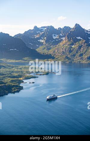 Hurtigruten boat on the fjord Raftsund with mountains, view from the top of Dronningsvarden or Stortinden, Vesterålen, Norway, Europe Stock Photo