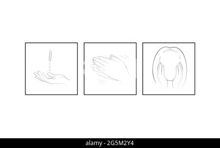Face oil, serum or cream application method manual icons. Vector illustration. Graphic symbol. dropper hands Stock Vector