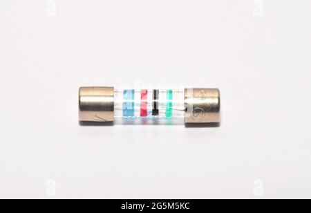 Fuse, 20 x 5mm fuses , Glass bodied, Time delay, slow blow, colour banded.For use in a multitude of applications where safety and component protection Stock Photo