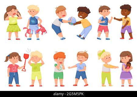 Kid bad behavior. Kids fighting over toys, pushing each other. Brother bullying sister. Aggressive naughty children behaving badly vector set. Offending boys and girls in kindergarten Stock Vector