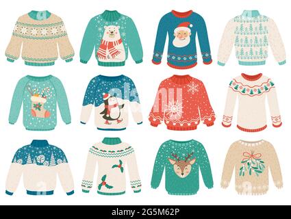 Cartoon ugly sweaters. Warm winter clothes with ornaments, santa, penguin, white bear. Christmas holiday knitted sweater and jumper vector set. Reindeer and holly berries decoration Stock Vector