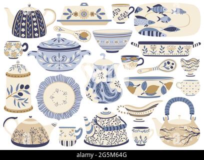 Ceramic pottery. Porcelain teapots, kettles, cups, mugs, bowls, plates, jugs. Faience kitchen crockery or tableware with decorations vector set. Antique dishware for drink and food Stock Vector