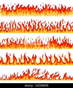 Cartoon flame border. Red or orange hot burning flames, blazing fires, wildfires. Seamless horizontal fire flaming borders vector set. Colorful comic bright or flare heat effect collection Stock Vector