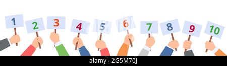 Holding score signs. Hands hold scorecards with numbers. Judges committee with scoring cards. Contest vote, feedback vector concept. People with banners for one to ten, competition evaluation Stock Vector