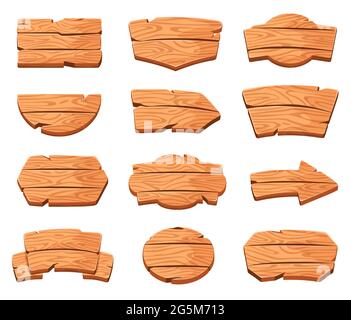 Wood boards. Cartoon wooden signs in various shapes. Arrow direction sign, message board. Rustic wood plank banner, signboard, ribbon vector set. Empty place for text for game design Stock Vector