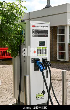 Swindon, Wiltshire, England - June 2021: Electric vehicle charging point installed at the Leigh Delamere service station on the M4 motorway. Stock Photo