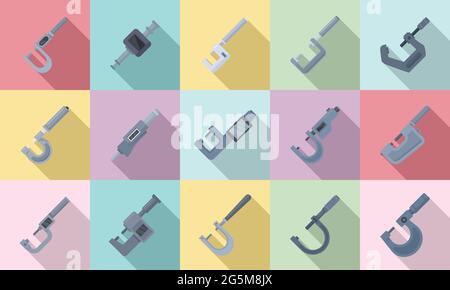 Micrometer icons set flat vector. Engineering gauge Stock Vector