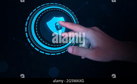 Modern Security and Technology Concept Background with Hand touching the Screen. Latest Shield concept backdrop Stock Photo