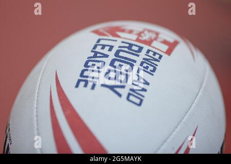 Sheffield, England - 26 June 2021 - Close up England Rugby League Ball during the Rugby League Wheelchair International  England vs Wales at English Institute of Sport, Sheffield, UK  Dean Williams/Alamy Live News Stock Photo