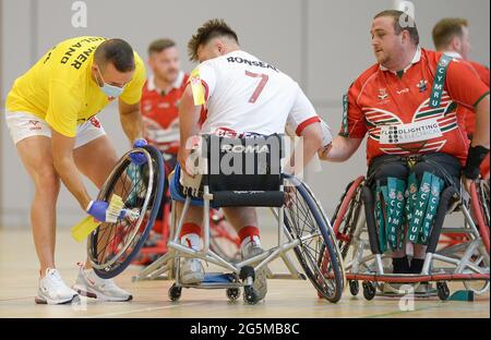 Sheffield, England - 26 June 2021 -Tom Halliwell Captain of England chair repair during the Rugby League Wheelchair International  England vs Wales at English Institute of Sport, Sheffield, UK  Dean Williams/Alamy Live News Stock Photo