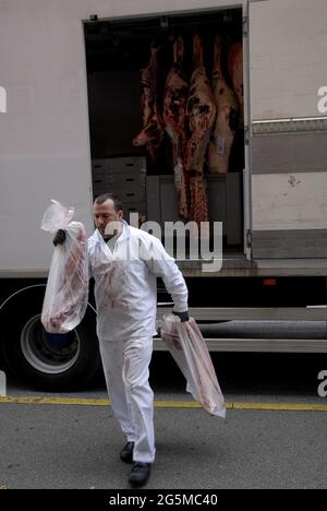 Copenhagen/Denmark/ 16th September  2015  Male from Mogens Nielsen Kreaturslageri delivers meat at danish famous P.E.Butcher butcher shop        (Phot Stock Photo