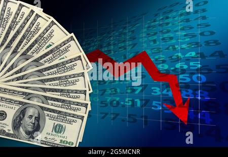 Economic crisis: graph with falling arrow and cash dollars. Stock Photo