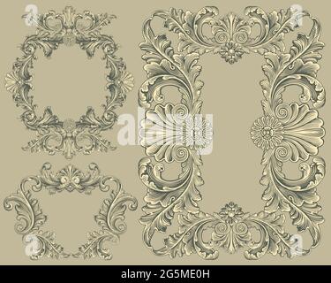 Vintage decorative ornamental frames. Design set. Editable hand drawn illustration. Vector engraving. Isolated on color background. 8 EPS Stock Vector