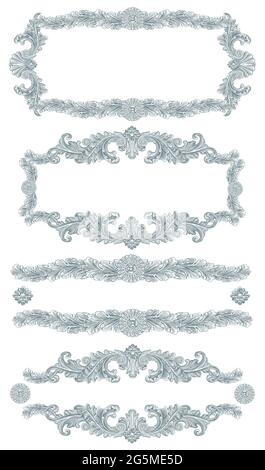 Vintage decorative ornamental frames. Design set. Editable hand drawn illustration. Vector engraving. Isolated on white background. 8 EPS Stock Vector