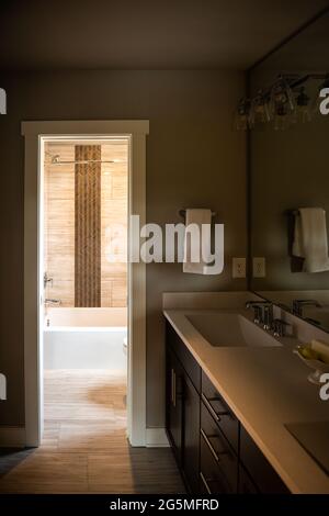 Modern contemporary bathroom interior with decorative tiled shower tub in contemporary home, apartment or house with toilet and his and hers sinks Stock Photo