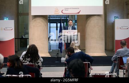 Rome, Italy. 28th June, 2021. Rome 28/06/2021 Press conference by Giuseppe Conte at the Temple of Hadrian Credit: Independent Photo Agency/Alamy Live News Stock Photo