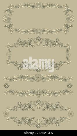 Vintage decorative ornamental frames. Design set. Editable hand drawn illustration. Vector engraving. Isolated on color background. 8 EPS Stock Vector