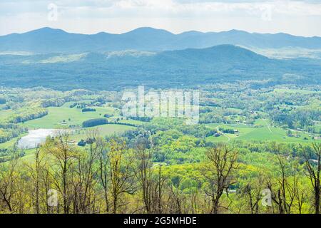 Afton valley aerial view from Blue Ridge parkway appalachian mountains in summer cloudy day and green trees in springtime Stock Photo