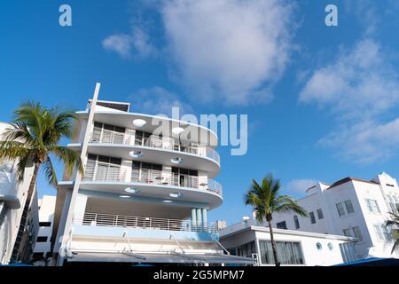 Miami, USA - April 15, 2021: South Beach hotel buildings at Ocean Drive in Florida Stock Photo