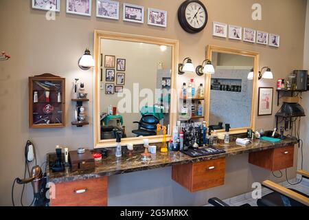 VOLOS, GREECE - Jun 25, 2021: Men's barber shop, retro styled interior ...