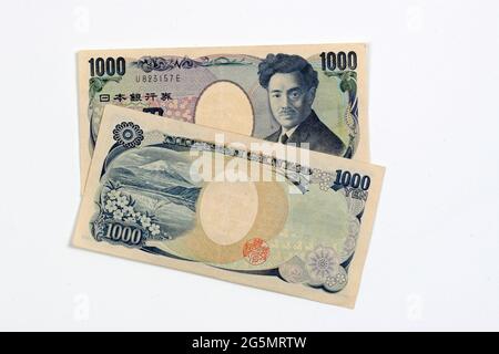 Japanese One Thousand Yen Banknote (Yen 1000) Series E featuring bacteriologist Dr. Hideo Noguchi (1876-1928) on the obverse side and Mt. Fuji and Che Stock Photo