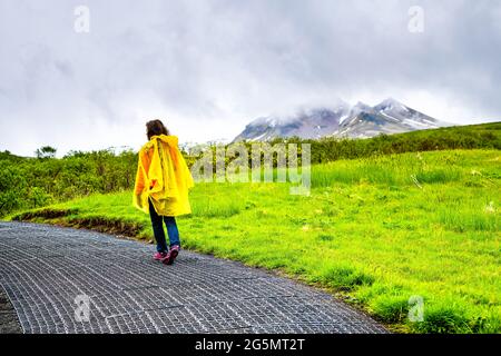 Skaftafell, Iceland green summer lush landscape and woman tourist in yellow poncho walking hiking on wet trail path hiking road rainy day in mountains Stock Photo