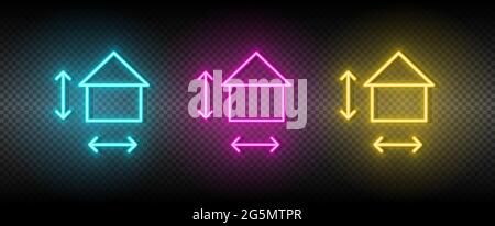Real estate vector house, measurement, size. Illustration neon blue, yellow, red icon set. Stock Vector