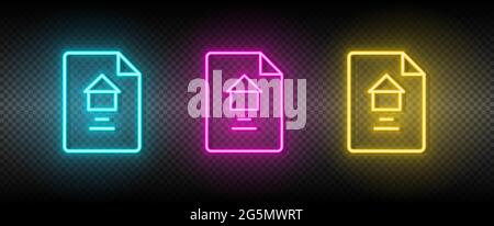 Real estate vector contract, document, property. Illustration neon blue, yellow, red icon set. Stock Vector