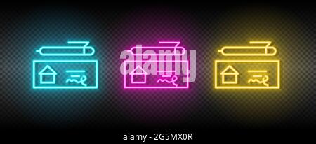Real estate vector check, checkout, pen, house. Illustration neon blue, yellow, red icon set. Stock Vector