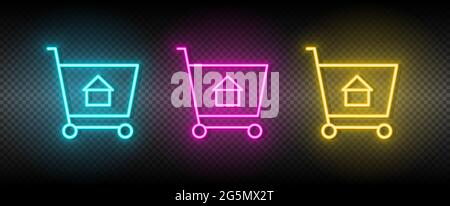 Real estate vector buy, cart, house, shopping. Illustration neon blue, yellow, red icon set. Stock Vector