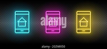 Real estate vector app, house, mobile. Illustration neon blue, yellow, red icon set. Stock Vector