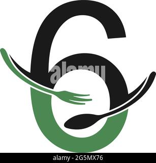 Number 6 with fork and spoon logo icon design vector illustration Stock Vector