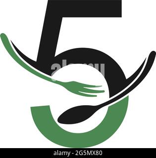 Number 5 with fork and spoon logo icon design vector illustration Stock Vector