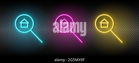Real estate vector house, property, search. Illustration neon blue, yellow, red icon set. Stock Vector