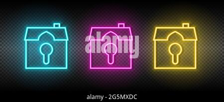 Real estate vector house, key. Illustration neon blue, yellow, red icon set. Stock Vector