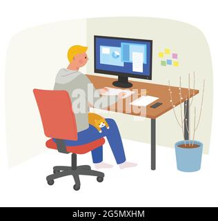 A man is working on a computer and a cat is sleeping on his lap. Stock Vector