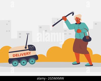 Unmanned delivery robot is afraid of an elderly woman threatening him. Delivery of goods and food by automatic machine. Old woman shakes her cane Stock Vector