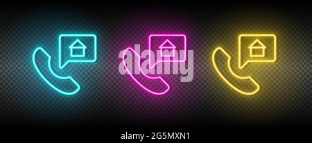 Real estate vector agency, call center, home. Illustration neon blue, yellow, red icon set. Stock Vector