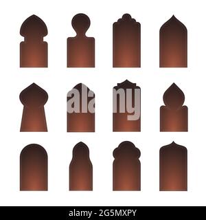 Arab arch door shape set. Islam window gate, arabesque arabian vector icon silhouette Stock Vector