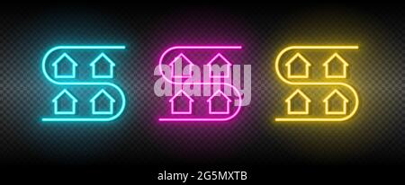 Real estate vector address, district, house, neighborhood. Illustration neon blue, yellow, red icon set. Stock Vector